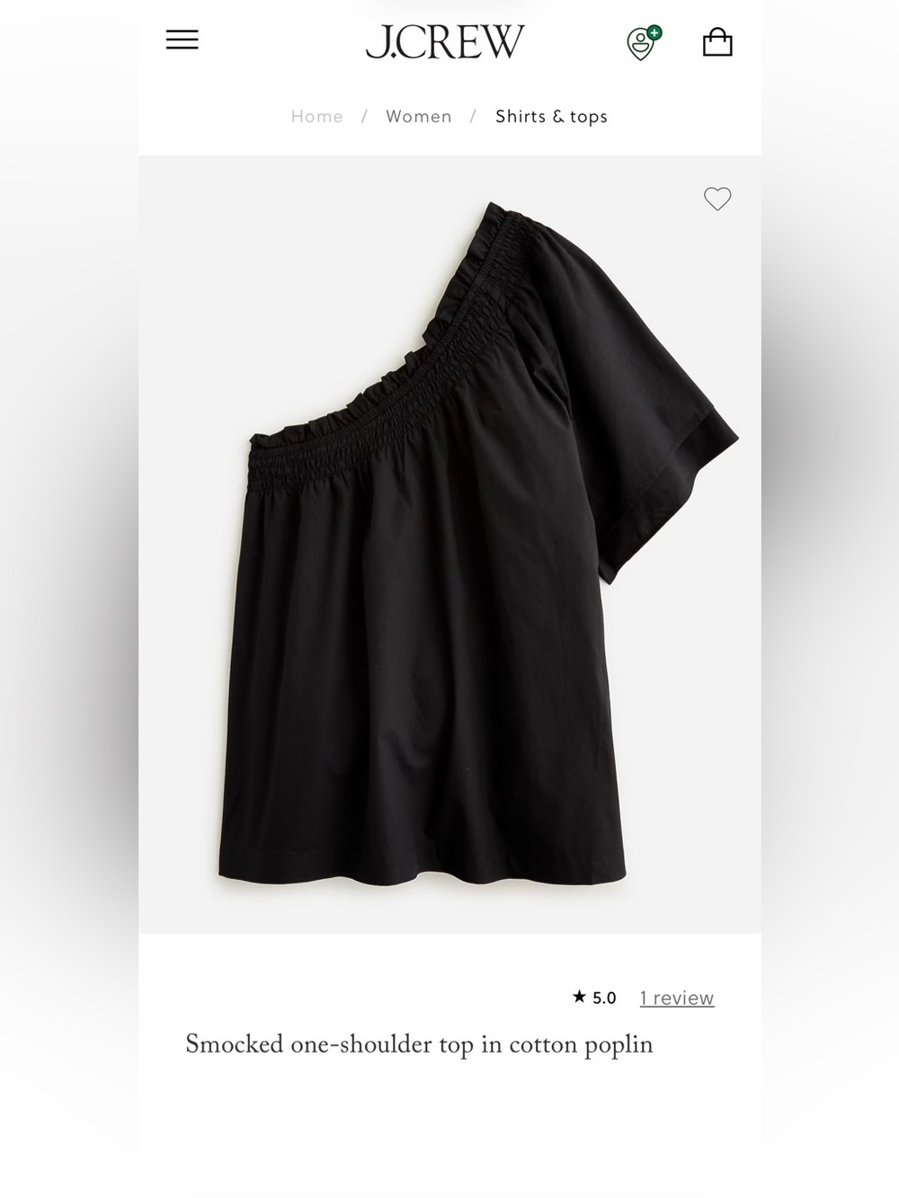 Women’s J. Crew Smocked black one-shoulder top in cotton poplin size S